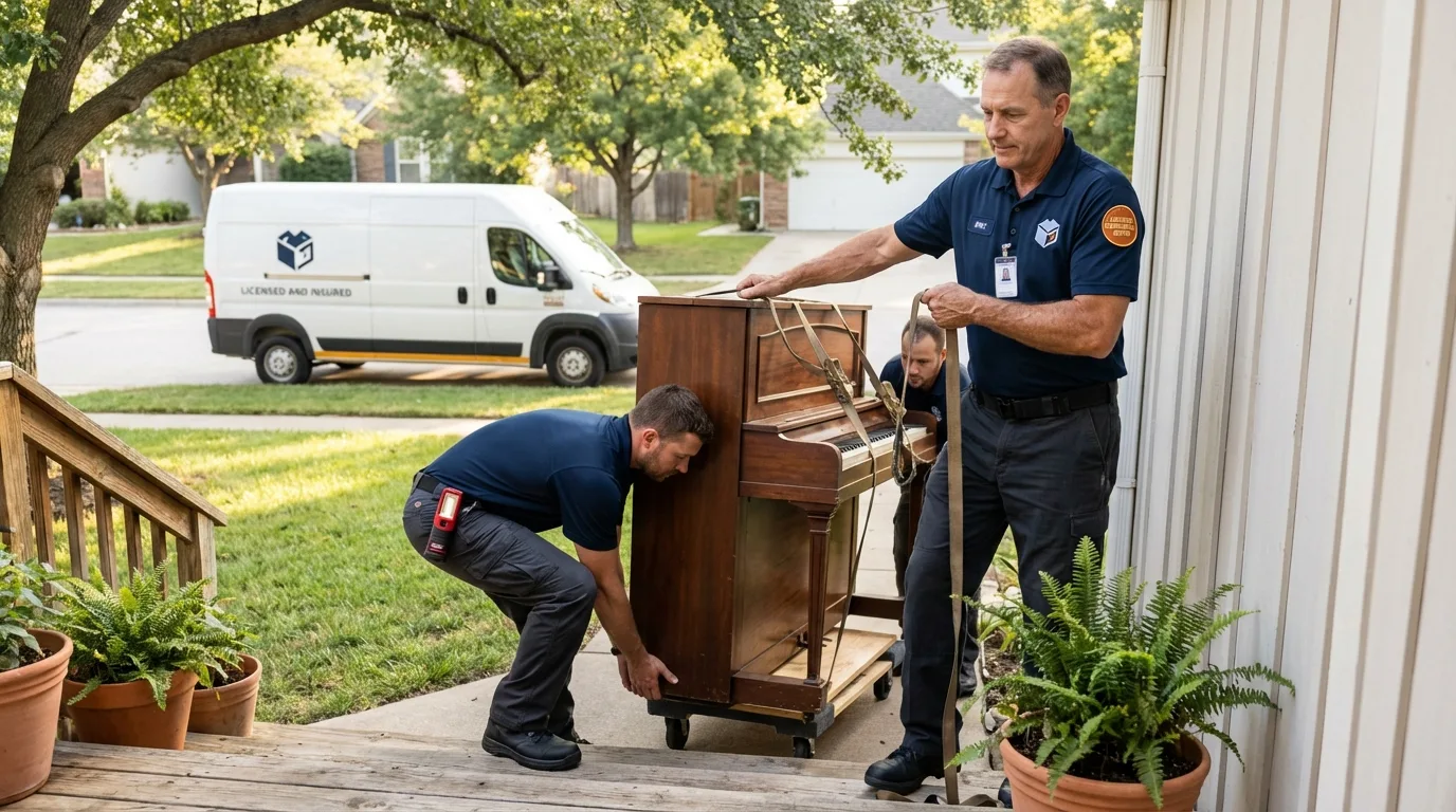 Licensed piano movers securing grand piano in Richfield Springs, NY