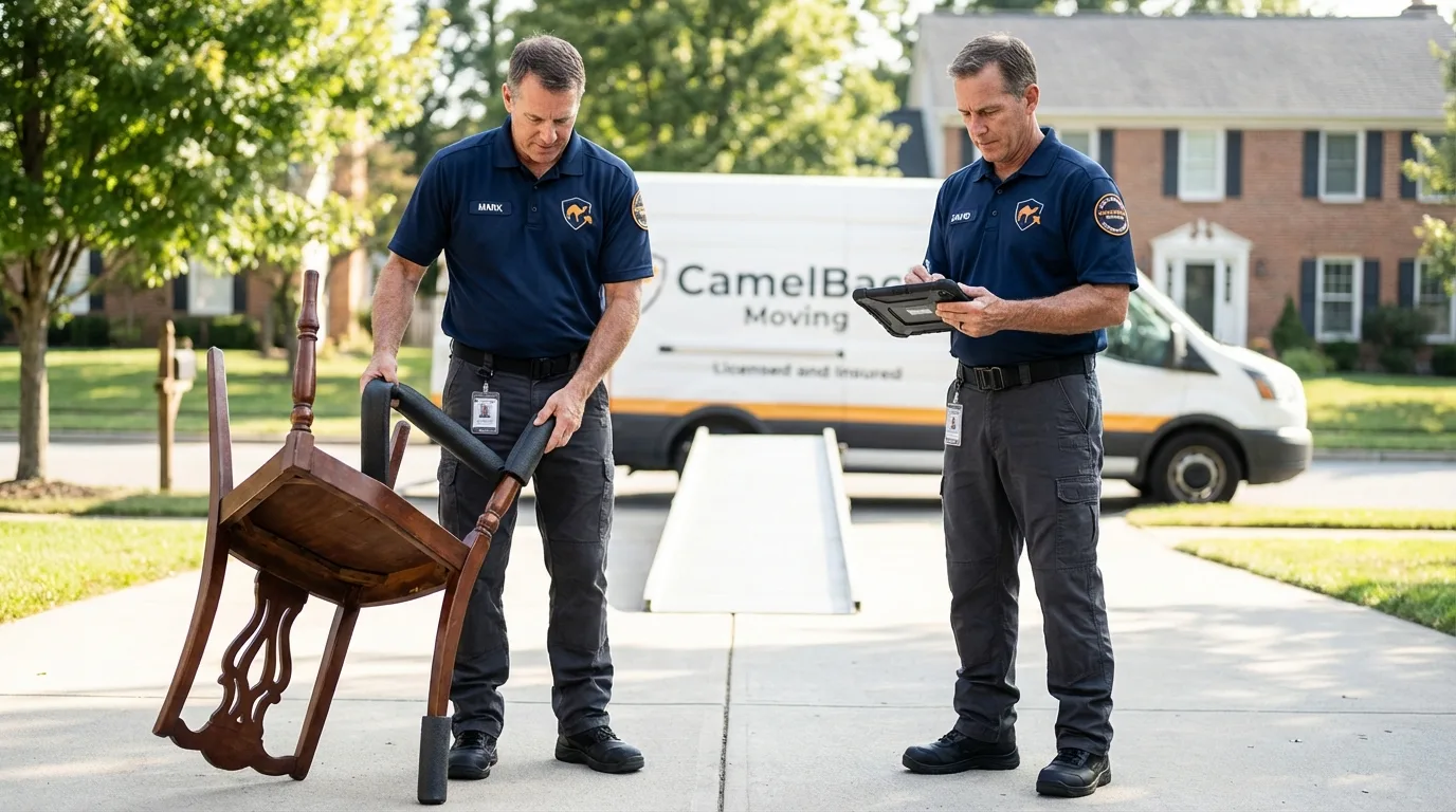 Movers inspecting furniture for damage prevention before loading in Richfield Springs, NY