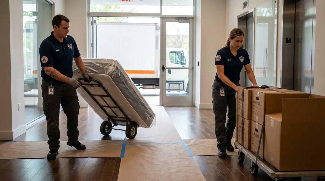 Professional apartment movers loading elevator in Richfield Springs, NY