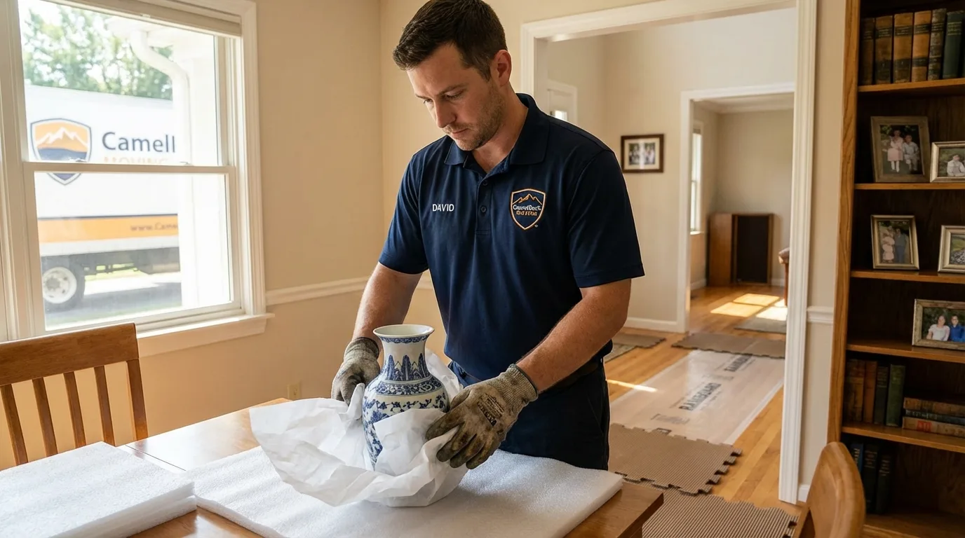 Professional crew carefully wrapping antique vase for senior downsizing move in Richfield Springs, NY